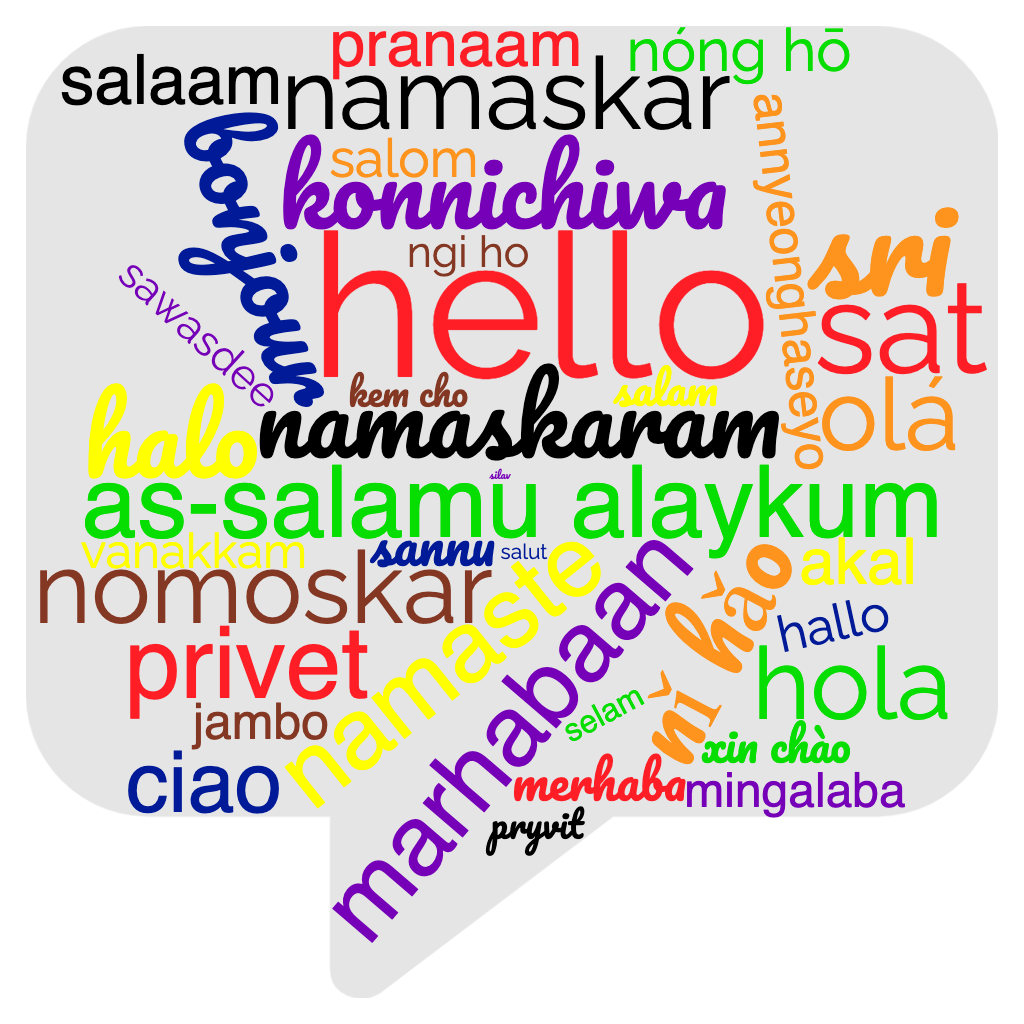 Wordcloud with 'hello' in many languages in black, brown, and pride flag colors (Only eight colors were allowed with the tool at Wordcloud.com.)